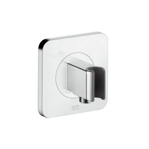 Wandmontierte Halterung aus Metall mit quadratischer Basis und einem schwarzen Einsatz zur Befestigung. Das Produkt ist von AXOR und eignet sich für Badezimmerarmaturen.